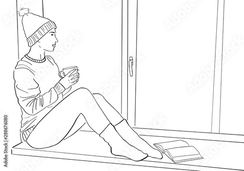 Young woman sits on windowsill with cup of coffee and book. Lagom and hugge concept. Cozy scandinavian lifestyle scene. Female silhouette in sweater and hat. Black lines drawing. Hand drawn style. 