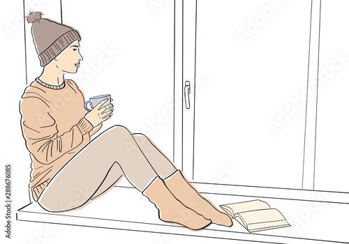 Young woman in sweater and knitted hat sits on windowsill with cup of coffee and reads book. Lagom and hugge concept. Cozy scandinavian lifestyle scene. Vector flat illustration. Hand drawn style. 