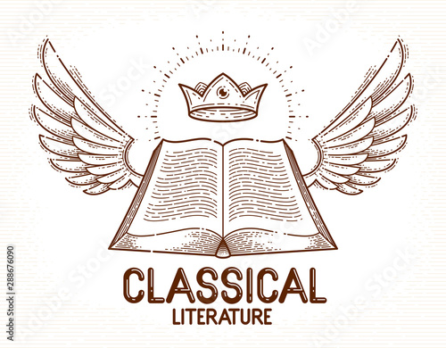 Vintage open book with wings vector graphic design element, literature and reading theme, logo or icon or emblem trendy linear style.