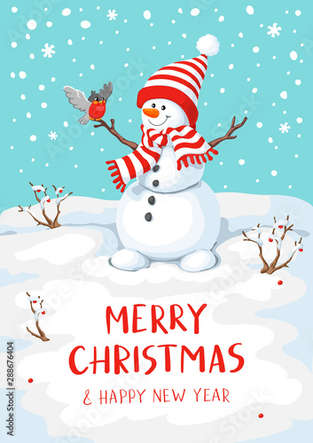 Cute Christmas greeting card with snowman and bullfinch. Greeting card with snowmen and snowfall.