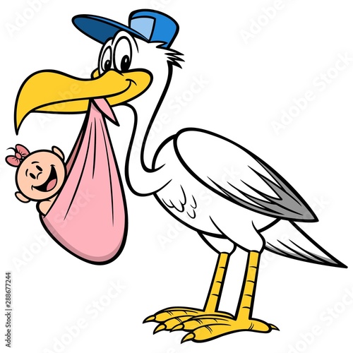 Stork with a Baby Girl - A cartoon illustration of a Stork with a Baby Girl.