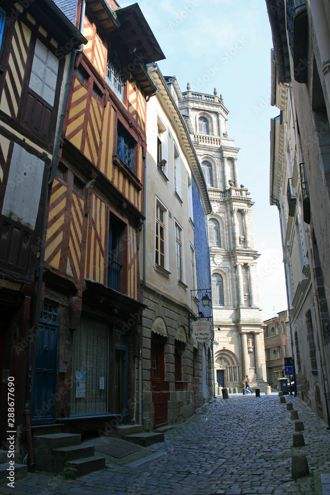 street and medieval houses in rennes (brittany - france) 