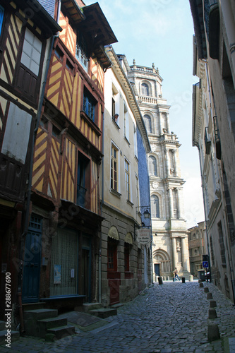 street and medieval houses in rennes (brittany - france) 