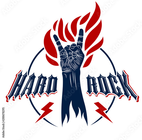 Rock hand sign on fire, hot music Rock and Roll gesture in flames, Hard Rock festival concert or club, vector label emblem or logo, musical instruments shop or recording studio.