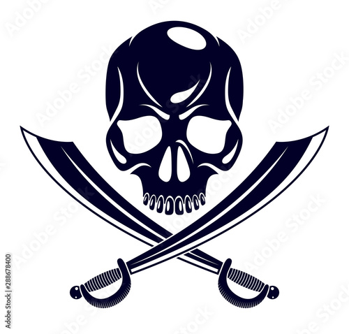 Jolly Roger dead head aggressive skull, Pirates vector emblem or logo with weapons, vintage style logo or tattoo.