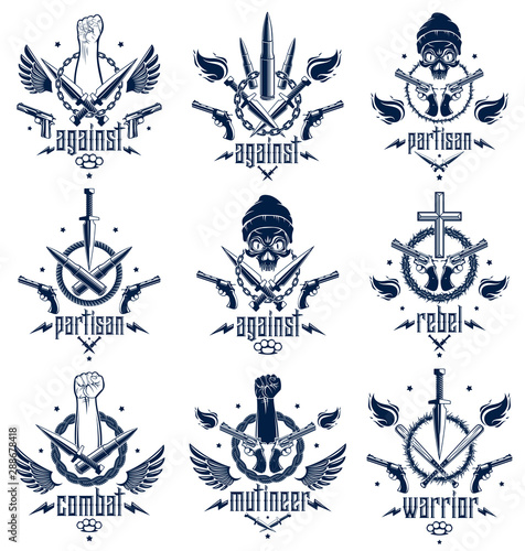 Revolution and Riot aggressive emblem or logo with strong clenched fist, aggressive skull, bullets and guns, weapons and different design elements , vector tattoo, rebel and revolutionary.