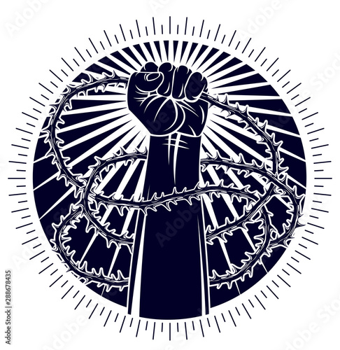 Strong hand clenched fist fighting for freedom against blackthorn thorn slavery theme illustration, vector logo or tattoo, through the thorns to the stars concept.