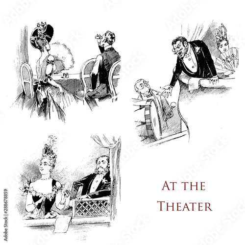 Humor and caricatures: elegant couples at the theater box (some complainig with the drummer on stage), from a 19th century French magazine