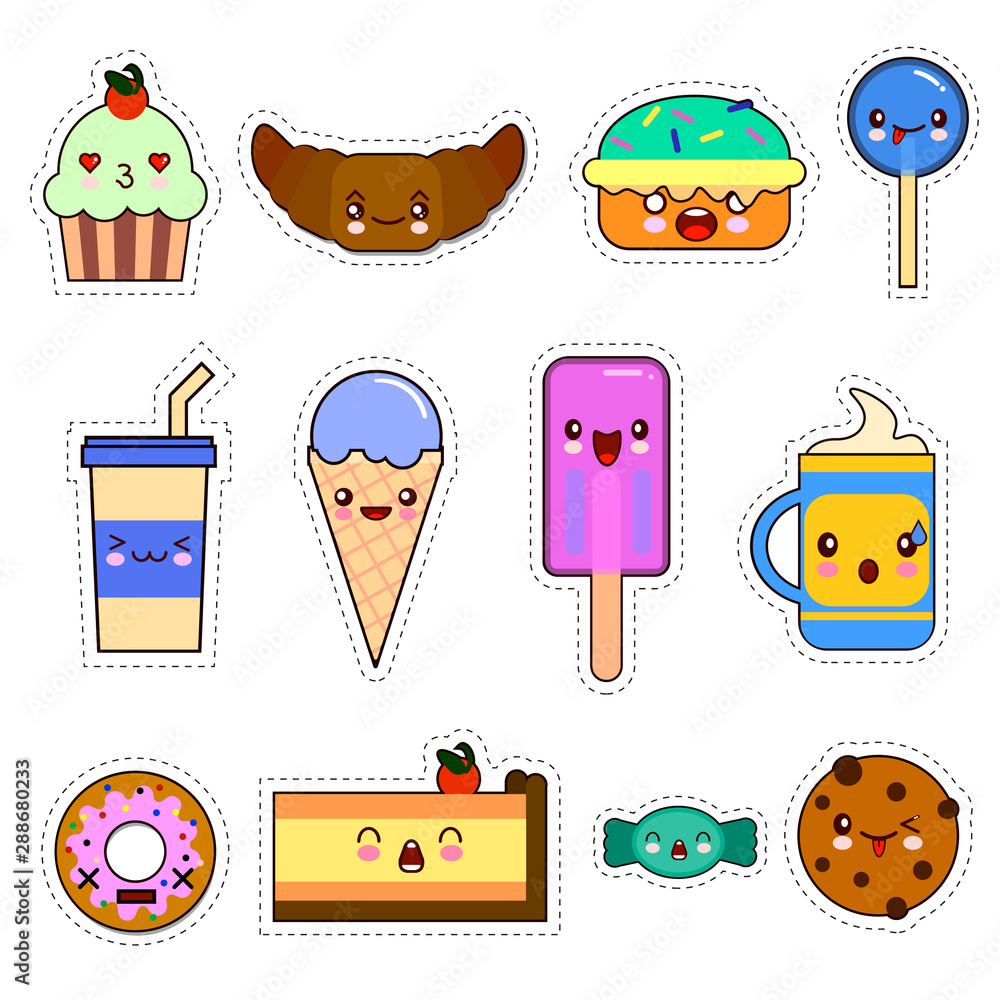 Set of cute sweet icons in kawaii style with smiling face and pink cheeks  for sweet