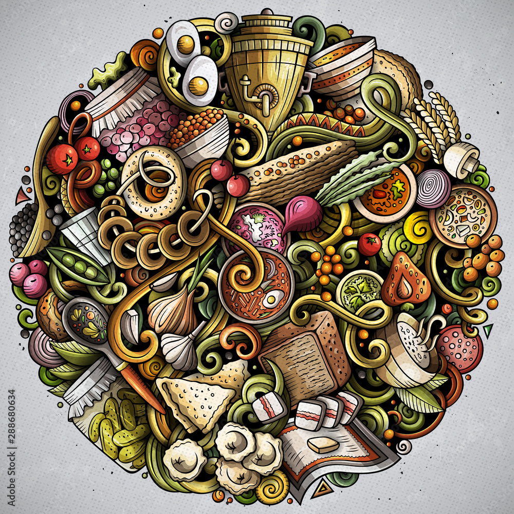 Russian food hand drawn doodles round illustration. Russia cuisine poster