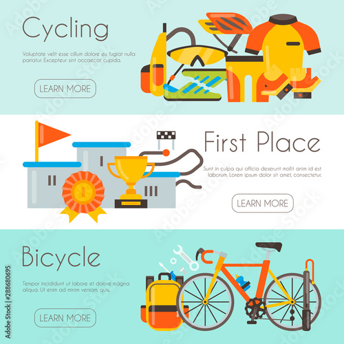 Triathlon web page template cycling competition race vector illustration. Bicycle uniform, podium for champion and bicycle repair. Banner, site and poster template with place for your text.