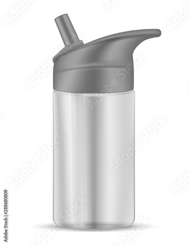 Kids water bottle with straw lid, realistic vector mockup. Small cup with spout, mock-up. Clear container with big bite valve for baby drinking, template