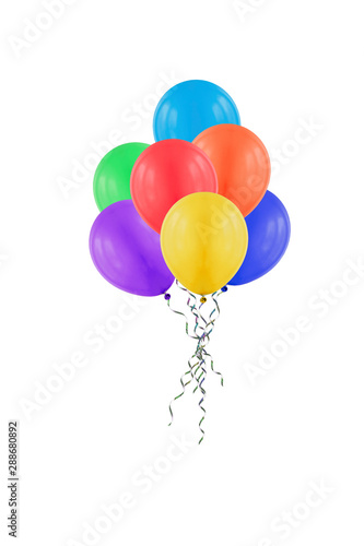 Bunch of realistic rainbow helium balloons isolated on white background.