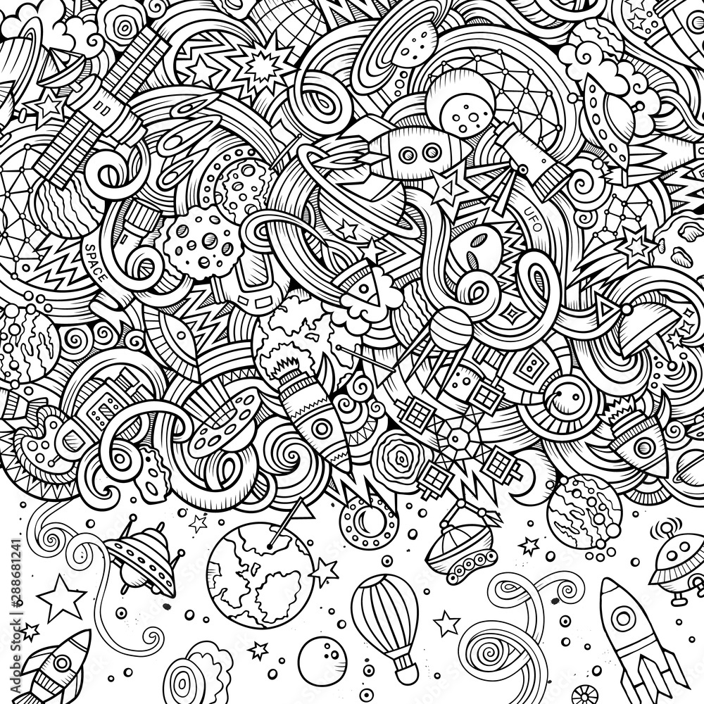 Naklejka premium Cartoon cute doodles hand drawn space illustration