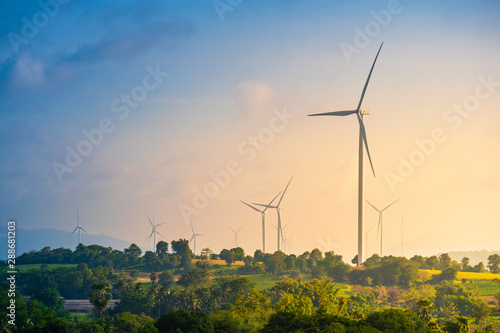 Green energy concept, eco power. Wind turbine located along the hill with the wind blowing all the time. Can produce renewable energy as well. Considered a clean energy.