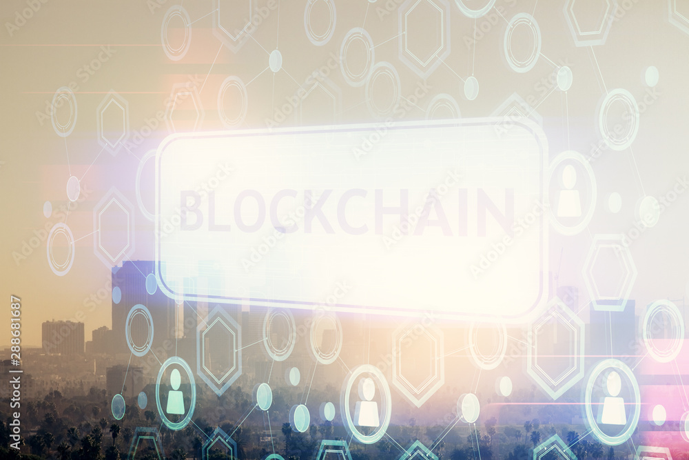 Double exposure of crypto currency theme hologram drawing and city veiw background. Concept of blockchain and bitcoin. Double exposure of crypto currency theme hologram drawing and city veiw background. Concept of blockchain and bitcoin.