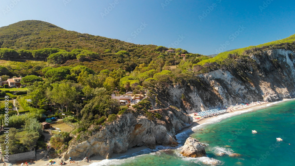 Panoramic aerial view of Sansone Beach, one of the most famous Elba Island tourist attraction
