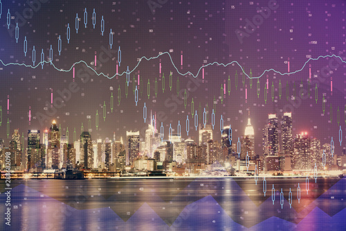 Financial graph on night city scape with tall buildings background multi exposure. Analysis concept.