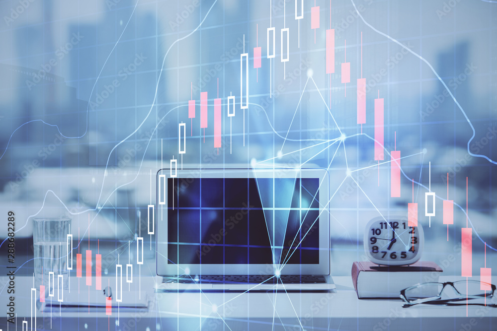 Forex Chart hologram on table with computer background. Multi exposure. Concept of financial markets. Forex Chart hologram on table with computer background. Multi exposure. Concept of financial markets.