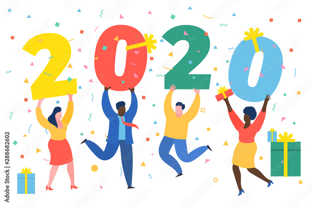 Business people, man and woman building a numbers 2020, in flat modern style. preparing to meet the new year . Business people, man and woman building a numbers 2020, in flat modern style. preparing to meet the new year .