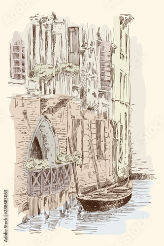 Scenery of the old city of Venice. Ancient buildings, a water channel and a boat floating on the water.