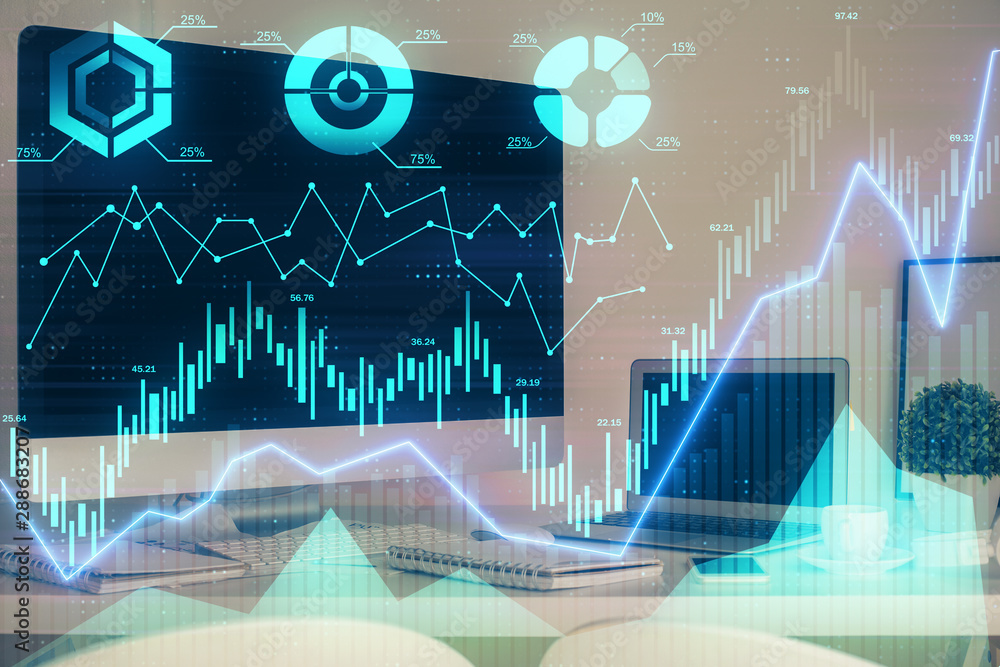 Stock market graph on background with desk and personal computer. Multi exposure. Concept of financial analysis. Stock market graph on background with desk and personal computer. Multi exposure. Concept of financial analysis.