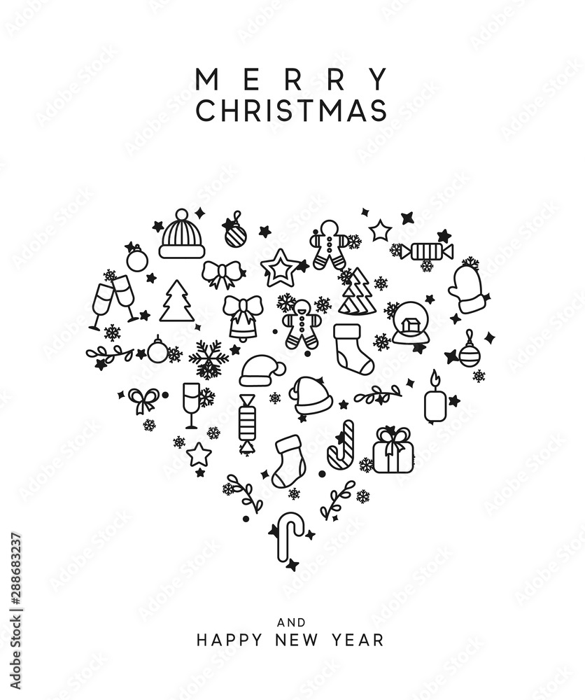Christmas background with festive decorative elements, design in outline styles. Xmas backdrop black and white vector illustration