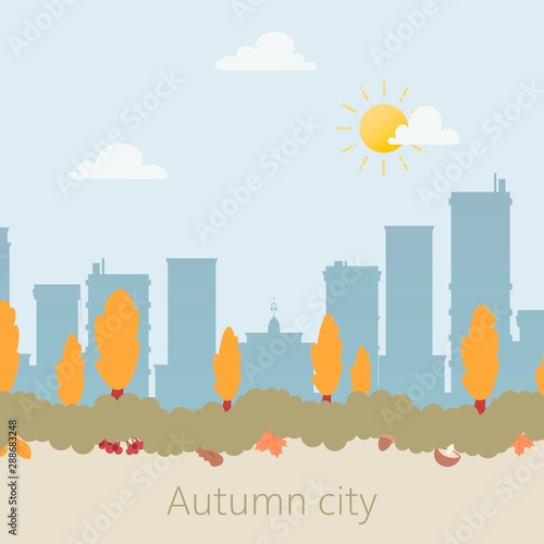 Autumn city with sky-scrapers silhouette and trees with orange and yellow autumnal leaves vector illustration. Autumn city theme background poster.