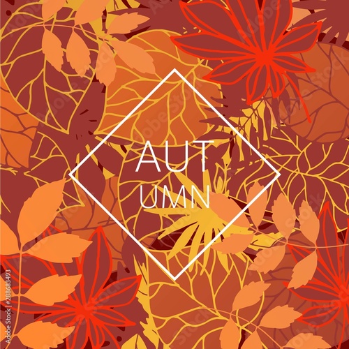 Autumn leaves festival vector illustration. Orange colorful autumnal texture pattern leaves background with white geometric frame. Red, yellow and orange fall colors poster, place your text in the