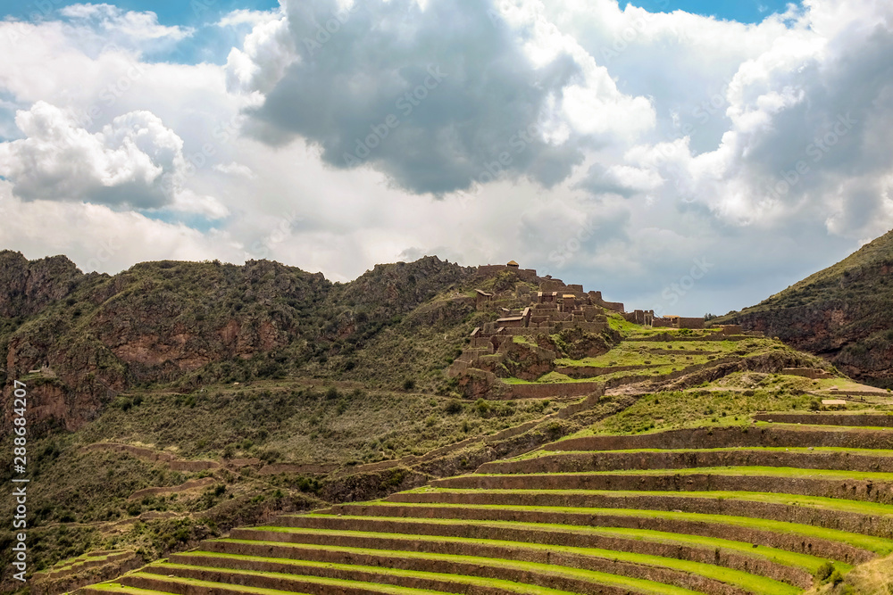 Incan Agriculture Terraces in The Ruins of Pisac City in Sacred Valley, Cuzco, Peru