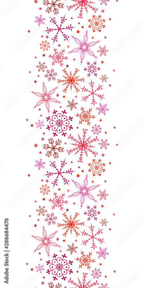 Beautiful snowflake vertical pattern - hand drawn in pink and red, great for invitations, banners, wallpapers - vector surface design - obrazy, fototapety, plakaty 