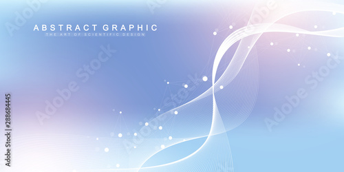 Scientific vector illustration genetic engineering and gene manipulation concept. DNA helix, DNA strand, molecule or atom, neurons. Abstract structure for Science or medical background. Wave flow
