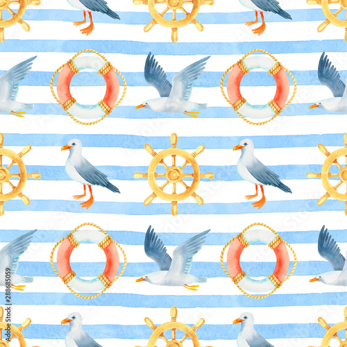 steering wheel life buoy, seagull on a striped background watercolor hand painted seamless pattern. photo