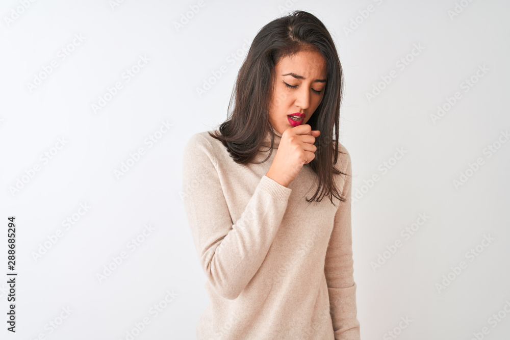 Beautiful chinese woman wearing turtleneck sweater standing over isolated white background feeling unwell and coughing as symptom for cold or bronchitis. Healthcare concept. Beautiful chinese woman wearing turtleneck sweater standing over isolated white background feeling unwell and coughing as symptom for cold or bronchitis. Healthcare concept.
