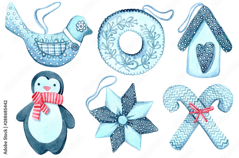 Set of watercolor christmas toys, hand drawn on a white background. Christmas decorations