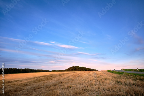 Mown cornfield and countryside road in a beautiful rural landscape with a blue evening sky  in summer