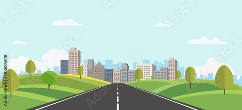 Hills landscape with cityscape on background vector illustration.Public park and town with sky background.Beautiful nature scene with road to city.