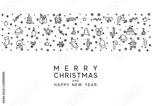 Christmas background with festive decorative elements  design in outline styles. Xmas backdrop black and white vector illustration