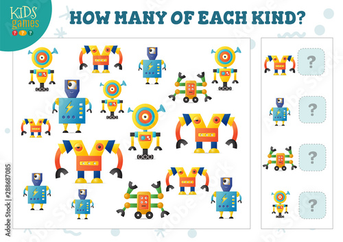 How many of each kind cartoon robot kids counting game vector illustration © kora_ra_123