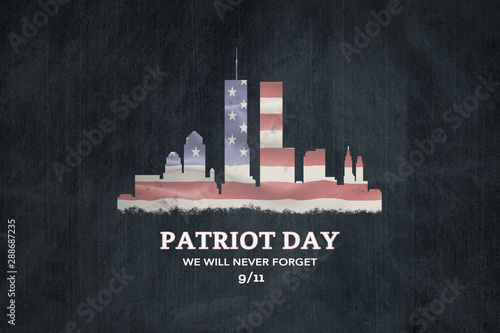 American National Holiday. US Flag background with American stars, stripes and national colors. New York. Text: PATRIOT DAY - We will never Forget