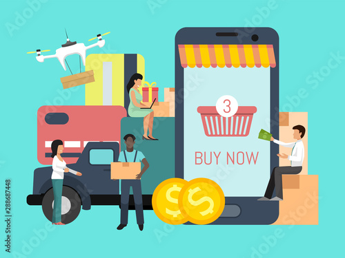 Online shopping cargo tracking app. People with money are waiting online supply background big boxes, truck and credit cards. Delivery service concept vector illustration. Goods via online shop