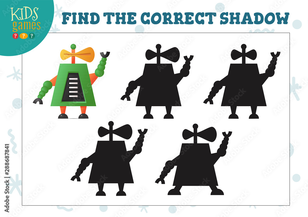 Find the correct shadow for cute cartoon humanoid robot educational preschool kids mini game Find the correct shadow for cute cartoon humanoid robot educational preschool kids mini game