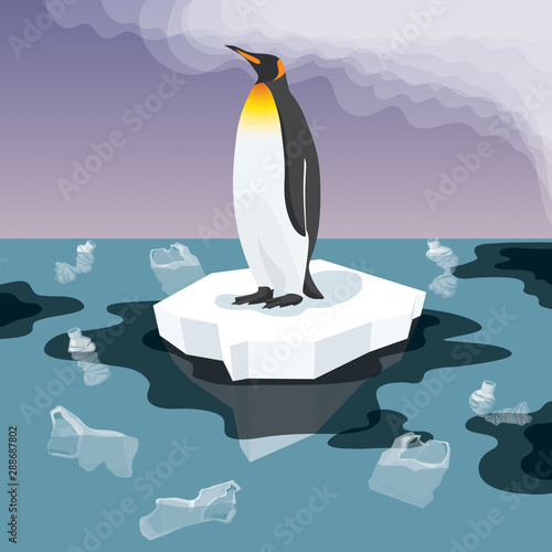 Penguin With Plastic Garbage In The Water