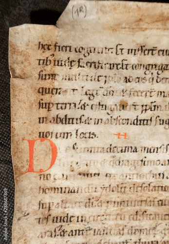 C12th twelfth century MSS manuscript handwritten leaf of a Bible, German with red capitals.