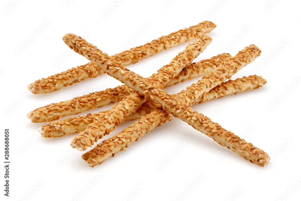 Sesame stick crackers or grissini isolated on white background Sesame stick crackers or grissini isolated on white background