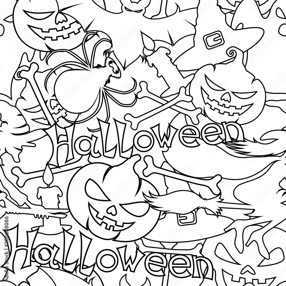 Seamless pattern with contour lines of images for halloween on a white background.