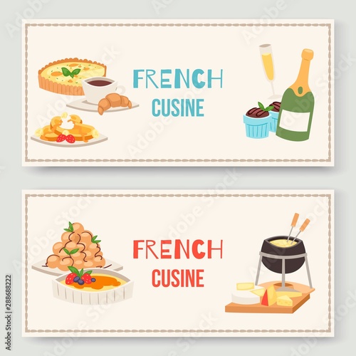 French cuisine traditional food vector illustration of two banners set. Delicious french meal for dinner or lunch, continental Frenchman gourmet cheese plate.