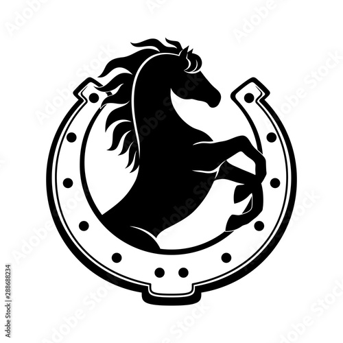 Fotografie, Tablou Horse and horseshoe sign on a white background.