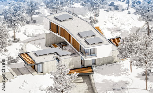 Wallpaper Mural 3d rendering of modern cozy house on the hill with garage and pool for sale or rent with beautiful landscaping on background. Cool winter day with shiny white snow. Torontodigital.ca