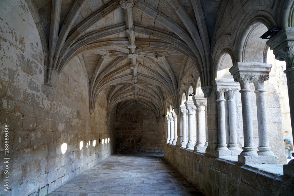 colonnade in medieval spanish monastery of Santo Estevo                                  